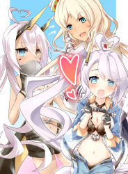 Rule 34 | 3girls, ahoge, azur lane, bandeau, bikini, black bikini, black gloves, black shorts, black skirt, blonde hair, blue eyes, blue shirt, blue shorts, blush, breasts, cleavage, collared shirt, commentary request, covered mouth, cowboy shot, dark-skinned female, dark skin, earrings, facepaint, fang, feather earrings, feathers, fringe trim, gloves, gudon (iukhzl), hair between eyes, heart, heart-shaped pupils, heart ahoge, heterochromia, historical name connection, horns, indianapolis (azur lane), indianapolis (warship girls r), jewelry, large breasts, long hair, looking at viewer, mechanical horns, medium breasts, miniskirt, multiple girls, name connection, navel, open clothes, open fly, open mouth, open shirt, own hands together, partially fingerless gloves, pink hair, pleated skirt, portland (azur lane), red thighhighs, retrofit (azur lane), shirt, shorts, siblings, side ponytail, sisters, skin fang, skirt, smile, swimsuit, symbol-shaped pupils, thighhighs, turtleneck, twintails, underboob, very long hair, warship girls r, white bandeau, white shirt, yellow eyes
