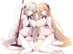 Rule 34 | 2girls, ahoge, arm up, asymmetrical docking, bikini, black bikini, black bow, blonde hair, blue bikini, blue eyes, blush, bow, bra, braid, breast press, breasts, bridal garter, choker, cleavage, closed mouth, commentary request, elbow gloves, fate/apocrypha, fate/grand order, fate (series), frilled gloves, frills, gloves, hair bow, highres, holding, jeanne d&#039;arc (fate), jeanne d&#039;arc (ruler) (fate), jeanne d&#039;arc alter (avenger) (fate), jeanne d&#039;arc alter (fate), large breasts, long hair, looking at viewer, maid headdress, miko (royal milk), multiple girls, navel, open mouth, pale skin, panties, purple eyes, side-tie bikini bottom, silver hair, simple background, single thighhigh, sitting, smile, stomach, swimsuit, thighhighs, thighs, underwear, untied bikini, very long hair, white background, white gloves, white legwear, yellow eyes