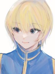 Rule 34 | 1boy, 43 pon, bad id, bad twitter id, blonde hair, blue eyes, blue shirt, closed mouth, earrings, expressionless, hair between eyes, highres, hunter x hunter, jewelry, kurapika, looking to the side, male focus, shirt, short hair, simple background, solo, upper body, white background