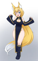 Rule 34 | 1girl, ;d, absurdly long hair, alice (flanaki), animal ears, asanagi (style), bare shoulders, blonde hair, blue eyes, borrowed character, breasts, cleavage, cleavage cutout, clothing cutout, commentary, commission, detached sleeves, fang, fox ears, full body, gradient background, grey background, hands up, highres, jiffic, long hair, looking at viewer, low ponytail, medium breasts, no panties, one eye closed, open mouth, original, pelvic curtain, side slit, simple background, sleeves past wrists, smile, solo, thighs, very long hair, wide sleeves