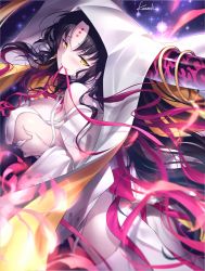 Rule 34 | 10s, 1girl, bare shoulders, black hair, blush, breast hold, breasts, detached sleeves, facial mark, fate/extra, fate/extra ccc, fate/grand order, fate (series), forehead mark, gradient hair, horns, kousaki rui, large breasts, long hair, long sleeves, mouth hold, multicolored hair, pink hair, pink ribbon, revealing clothes, ribbon, ribbon in mouth, sessyoin kiara, solo, veil, yellow eyes