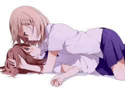 Rule 34 | 2girls, blush, brown eyes, brown hair, eye contact, from side, girl on top, hand in own hair, looking at another, lying, multiple girls, namori, on back, original, school uniform, short hair, short sleeves, simple background, skirt, straddling, yuri