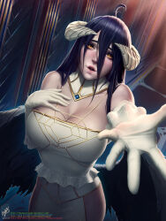 Rule 34 | 1girl, ahoge, albedo (overlord), bare shoulders, black hair, breasts, cleavage, cowboy shot, dress, gem, gloves, highres, horns, large breasts, long hair, open mouth, outstretched arm, overlord (maruyama), shiny skin, slit pupils, solo, teeth, themaestronoob, watermark, web address, white dress, white gloves, wings, yellow eyes
