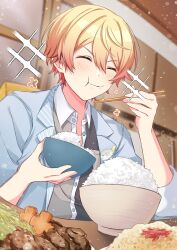 Rule 34 | 1boy, blonde hair, blurry, blurry background, blush, bowl, ceiling39, chopsticks, closed eyes, closed mouth, collared shirt, commentary request, eating, fish, food, food on face, gradient hair, hair between eyes, highres, holding, holding bowl, holding chopsticks, indoors, korean commentary, lapels, long sleeves, male focus, multicolored hair, notched lapels, open collar, orange hair, project sekai, rice, shirt, short hair, sleeves rolled up, solo, tenma tsukasa, two-tone hair, upper body