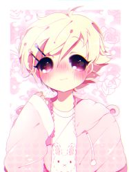 Rule 34 | 1boy, ahoge, animal print, arms up, blonde hair, blush, border, chariko, closed mouth, commentary, commission, drawstring, english commentary, floral background, gradient jacket, hair between eyes, hair ornament, hairclip, heart, heart print, jacket, long sleeves, looking at viewer, male focus, nose blush, original, pink background, pink eyes, pink jacket, rabbit print, shirt, sleeves past wrists, smile, solo, t-shirt, two-tone background, white background, white border, white shirt