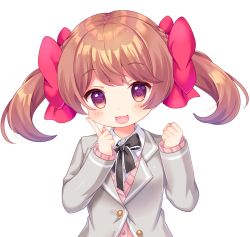 Rule 34 | 1girl, :3, :d, bad id, bad pixiv id, black ribbon, blazer, blush, bow, brown hair, cardigan, clenched hand, finger to cheek, grey jacket, hair bow, hand up, jacket, komachi pochi, long sleeves, looking at viewer, neck ribbon, open mouth, original, pink cardigan, purple eyes, red bow, ribbon, simple background, smile, solo, twintails, upper body, white background