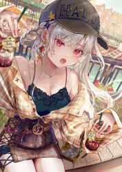 Rule 34 | 1girl, bare shoulders, baseball cap, belt, black shirt, black skirt, blush, bra strap, breasts, cleavage, commentary request, cup, earrings, food, grey hair, hat, highres, holding, holding cup, holding food, ito lab, jewelry, long sleeves, looking at viewer, medium breasts, multiple rings, off shoulder, open clothes, open mouth, original, outdoors, pleated shirt, red eyes, ring, shirt, sitting, skirt, solo