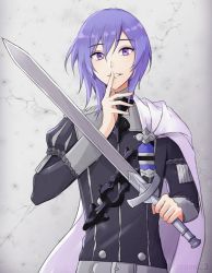 Rule 34 | 1boy, artist name, cape, epaulettes, fire emblem, fire emblem: three houses, garreg mach monastery uniform, male focus, medium hair, nintendo, purple eyes, purple hair, solo, sword, teeth, torami23, uniform, weapon, yuri leclerc