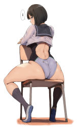 Rule 34 | 1girl, alp, arched back, ass, black hair, black sailor collar, black socks, blue eyes, chair, commentary request, competition swimsuit, cropped shirt, from behind, highres, kneehighs, legs, looking at viewer, looking back, one-piece swimsuit, original, sailor collar, school uniform, serafuku, shoes, short hair, simple background, sitting, socks, solo, swimsuit, thighs, translation request, white background, white footwear