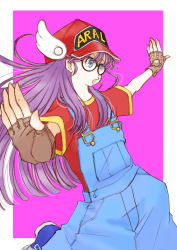Rule 34 | 1girl, baseball cap, blue eyes, clothes writing, dr. slump, ema (earth-b), fingerless gloves, glasses, gloves, hat, head wings, long hair, norimaki arale, outstretched arms, overalls, purple eyes, purple hair, shoes, shorts, sneakers, solo, spread arms, wings
