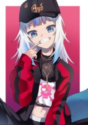 Rule 34 | 1girl, baseball cap, black hat, black jacket, black pants, blue eyes, blue hair, blunt bangs, border, cosplay, crop top, fins, fish tail, gawr gura, gradient background, hair down, hat, hololive, hololive english, jacket, jewelry, long sleeves, looking at viewer, medium hair, mori calliope, mori calliope (cosplay), mori calliope (streetwear), mouth pull, multicolored clothes, multicolored hair, multicolored jacket, nail polish, navel, necklace, open mouth, outside border, pants, puffy long sleeves, puffy sleeves, purple background, red background, red jacket, shark tail, sharp teeth, skull and crossbones, solo, spread legs, streaked hair, tail, teeth, tsushi, two-tone jacket, virtual youtuber, white border, white hair