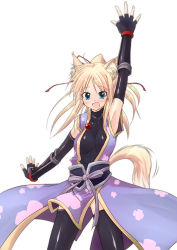Rule 34 | 10s, 1girl, animal ears, black thighhighs, blonde hair, blue eyes, breasts, dog days, female focus, fingerless gloves, fox ears, fox tail, gloves, happy, long hair, open mouth, ponytail, skin tight, smile, solo, tail, thighhighs, waving, white background, yukikaze panettone