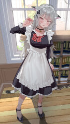 Rule 34 | 1girl, animal ears, apron, bell, black choker, black dress, black footwear, book, bookshelf, bow, breasts, cat ears, cat girl, cat tail, choker, choppy bangs, cleavage, dress, frilled apron, frills, full body, grey hair, highres, light frown, long hair, looking at viewer, maid, maid apron, maid headdress, medium breasts, neck bell, orange eyes, original, parted lips, plant, red bow, sidelocks, standing, subachi, sweatdrop, tail, tree, white apron, window, wooden floor, wrist cuffs