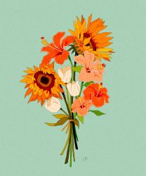 Rule 34 | blue background, bouquet, commentary, english commentary, flower, hibiscus, highres, leaf, libbyframe, no humans, orange flower, original, pink flower, plant, red flower, signature, simple background, still life, sunflower, tulip, white flower, white tulip, yellow flower