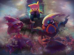 Rule 34 | 00s, :3, backlighting, blue eyes, closed mouth, creatures (company), darkrai, drowzee, forest, game freak, gen 1 pokemon, gen 4 pokemon, ghost, green eyes, hinekure, legendary pokemon, light rays, mismagius, mythical pokemon, nature, nintendo, no humans, open mouth, outdoors, outstretched arm, pokemon, pokemon (creature), red eyes, shaded face, sweat, tree, wet, you gonna get raped