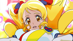 Rule 34 | 10s, 1girl, alternate form, bad id, bad pixiv id, blonde hair, brooch, brown eyes, cure honey, cure honey (popcorn cheer), derivative work, from below, funanaga nemoro, gloves, happinesscharge precure!, heart, heart brooch, jewelry, long hair, magical girl, multicolored background, oomori yuuko, precure, solo, twintails