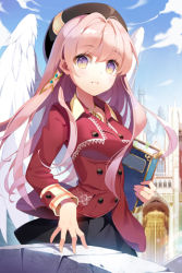 Rule 34 | 1girl, angel wings, book, cloud, day, gilse, grin, hat, holding, holding book, jewelry, long hair, lowres, necklace, open mouth, outdoors, pink hair, purple eyes, skirt, smile, standing, sword girls, very long hair, wings