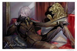 Rule 34 | 1boy, bishounen, black gloves, black jacket, black pants, black shirt, black suit, blue eyes, border, closed mouth, coat, coat on shoulders, commentary request, couch, cushion, dress shirt, earrings, fate/grand order, fate (series), formal, gloves, hair between eyes, hand on own knee, heroic spirit formal dress, jacket, jewelry, karna (fate), karna (formal dress) (fate), leaning back, lion, long sleeves, looking away, male focus, mirror, necktie, pale skin, pants, red coat, shirt, short hair, sitting, solo, statue, suit, tori shiru, watch, white background, white border, white hair, wristwatch, yellow necktie