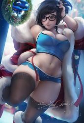 Rule 34 | 1girl, black bra, black thighhighs, blizzard (company), bra, breasts, brown hair, christmas, cleavage, coat, curvy, fur trim, glasses, hair ornament, hair stick, large breasts, mei (overwatch), mouth hold, navel, overwatch, overwatch 1, panties, patreon username, plump, ribbon, sakimichan, santa costume, see-through, short shorts, shorts, signature, snowball (overwatch), tank top, thighhighs, underwear, watermark, wreath, wristband, zettai ryouiki