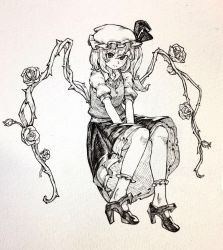 Rule 34 | 1girl, between legs, bow, closed mouth, flandre scarlet, flower, full body, greyscale, hair between eyes, hand between legs, hat, high heels, highres, long hair, looking at viewer, mashimashi, mob cap, monochrome, rose, short sleeves, side ponytail, sitting, skirt, smile, solo, thorns, touhou, traditional media