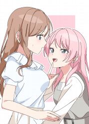 2girls bang_dream! bang_dream!_it&#039;s_mygo!!!!! blue_eyes border brown_hair chihaya_anon fang grey_eyes highres long_sleeves looking_at_another multiple_girls nagasaki_soyo open_mouth ora_(oraora_oekaki) outside_border pink_background pink_hair shirt short_sleeves sidelocks simple_background sweatdrop upper_body white_border white_shirt yuri