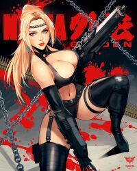 1girl bare_shoulders blonde_hair blue_eyes boots breasts chain cleavage clothing_cutout earrings garayann18 gun headband high_ponytail highres jewelry large_breasts leather leather_boots leather_suit leotard machine_gun makeup navel ninja_gaiden ponytail rachel_(ninja_gaiden) red_lips solo thighs weapon