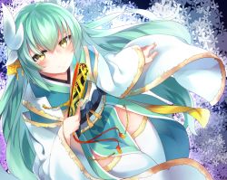 Rule 34 | 1girl, aqua hair, bad id, bad pixiv id, blush, dragon girl, fate/grand order, fate (series), floral background, folding fan, hand fan, horns, japanese clothes, kimono, kiyohime (fate), long hair, looking at viewer, otokuyou, smile, solo, thighhighs, white thighhighs, yellow eyes