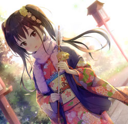Rule 34 | 1girl, arrow (projectile), bell, black hair, blush, brown eyes, bush, commentary request, dutch angle, ema, floral print, hamaya, hatsumoude, holding, holding arrow, japanese clothes, jingle bell, kimono, long hair, long sleeves, looking at viewer, new year, obi, original, outdoors, parted lips, pink kimono, print kimono, purple scarf, sakusaku, sash, scarf, solo, sunlight, sunrise, twintails, wide sleeves