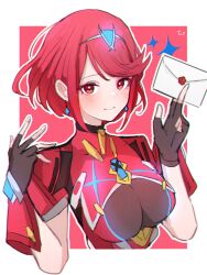 Rule 34 | 1girl, breasts, chest jewel, commentary request, dangle earrings, earrings, ewokakupiece, fingerless gloves, gem, gloves, headpiece, highres, jewelry, looking at viewer, medium breasts, nintendo, pyra (xenoblade), red eyes, red hair, short hair, smash invitation, smile, solo, super smash bros., swept bangs, tiara, xenoblade chronicles (series), xenoblade chronicles 2