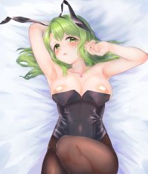 Rule 34 | 1girl, animal ears, arm behind head, armpits, bandaid, bandaids on nipples, black pantyhose, blush, breasts, cleavage, collarbone, commission, festa11307070, green eyes, green hair, hairband, highres, jewelry, large breasts, leotard, looking at viewer, lying, morinaka kazaki, necklace, nijisanji, on back, on bed, open mouth, pantyhose, pasties, playboy bunny, rabbit ears, simple background, skeb commission, solo, tears, tongue, tongue out, virtual youtuber