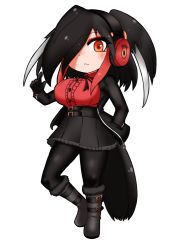 Rule 34 | 1girl, belt, bird tail, black hair, black pantyhose, blouse, boots, breasts, center frills, chibi, closed mouth, daddy pomgi, expressionless, fictional persona, frills, full body, gloves, grey background, grey hair, hair over one eye, hand in pocket, hand up, headphones, high-waist skirt, jacket, kemono friends, long sleeves, looking at viewer, medium hair, miniskirt, multicolored hair, neck ribbon, open clothes, open jacket, orange eyes, original, pantyhose, red hair, ribbon, shirt, simple background, skirt, solo, southern ground hornbill (kemono friends) (daddy pomgi), standing, standing on one leg, tail, unzipped, zipper, zipper pull tab