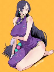 Rule 34 | 1girl, bare shoulders, barefoot, blush, breasts, china dress, chinese clothes, covered erect nipples, dress, drill hair, earrings, fate/grand order, fate (series), highres, jewelry, large breasts, long hair, looking at viewer, minamoto no raikou (fate), minamoto no raikou (traveling outfit) (fate), open mouth, parted bangs, purple eyes, purple hair, simple background, sitting, solo, thighs, utu (ldnsft), very long hair, white background, yellow background
