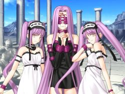 Rule 34 | 00s, 3girls, blindfold, column, day, dress, euryale (fate), facial mark, fate/hollow ataraxia, fate/stay night, fate (series), forehead mark, game cg, long hair, medusa (fate), medusa (rider) (fate), multiple girls, outdoors, pillar, purple hair, ruins, siblings, sisters, square pupils, statue, stheno (fate), takeuchi takashi, twins, twintails, very long hair
