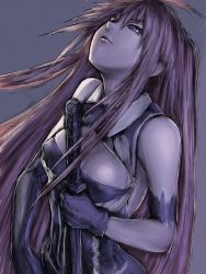 Rule 34 | 1girl, breasts, brown hair, cleavage, elbow gloves, covered erect nipples, fumio (rsqkr), gloves, grey eyes, ignis, jingai makyou, large breasts, long hair, looking up, red hair, sketch, solo, sword, weapon
