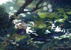Rule 34 | 1other, animal, artist name, black cloak, blue eyes, bug, cloak, clothed animal, commentary, day, fish, foliage, forest, from above, grass, highres, jewelry, landscape, lily pad, moss, mouse (animal), murayama ryota, nature, no humans, original, outdoors, pendant, plant, scenery, signature, spider, standing, stream, water, weapon, weapon on back, white hair