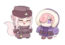 Rule 34 | 2girls, :3, artist name, azu (kirara310), belt, brown coat, brown footwear, brown headwear, buttons, chibi, cloak, closed mouth, coat, commentary request, double-breasted, double bun, fate/grand order, fate (series), fox girl, fox tail, fur-trimmed coat, fur-trimmed headwear, fur trim, glasses, hair bun, hair over one eye, hands on own hips, hat, hood, hood up, hooded cloak, koyanskaya (fate), koyanskaya (russian lostbelt outfit) (fate), long sleeves, mash kyrielight, multiple girls, official alternate costume, one eye covered, open mouth, pink hair, purple coat, purple eyes, shoes, simple background, smile, tail, tamamo (fate), thick eyebrows, white background, winter clothes, winter coat, yellow eyes