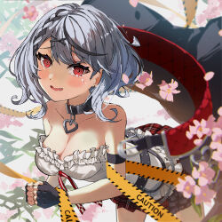 Rule 34 | 1girl, @ @, absurdres, belt, black belt, black collar, black gloves, black hair, black jacket, blush, braid, breasts, camisole, caution tape, cleavage, collar, fingerless gloves, gloves, grey hair, hair ornament, haru yu, highres, hololive, jacket, large breasts, medium hair, multicolored hair, open mouth, red jacket, red skirt, sakamata chloe, sakamata chloe (1st costume), single braid, skirt, solo, streaked hair, two-sided fabric, two-sided jacket, virtual youtuber, white camisole, x hair ornament