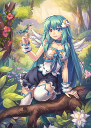 Rule 34 | 1girl, angel wings, animal, aqua hair, arm support, bare shoulders, bird, bird on hand, black footwear, black skirt, blue eyes, blue ribbon, boots, borrowed character, branch, breasts, choker, cleavage, climbing, collarbone, corset, crescent, crescent hair ornament, flower, forest, grass, hair ornament, hibiscus, kaizeru, knee boots, leg up, lips, long hair, nature, original, parted lips, ribbon, ribbon-trimmed clothes, ribbon trim, skirt, smile, solo, sunlight, thighhighs, tree, very long hair, white thighhighs, white wings, wings, wrist cuffs, zettai ryouiki