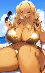 Rule 34 | 1girl, animal ears, animal hands, animal nose, bikini, blonde hair, blue sky, body fur, breasts, brown fur, cloud, commentary request, dated, day, dog ears, dog girl, dog tail, furry, furry female, gold bikini, highres, holding, holding removed eyewear, huge breasts, kishibe, long hair, looking at viewer, navel, ocean, one eye closed, open mouth, orange eyes, original, outdoors, signature, sitting, sky, smile, snout, solo, sunglasses, swimsuit, tail, unworn eyewear