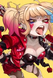 Rule 34 | 1girl, absurdres, blonde hair, blunt bangs, boku no hero academia, breasts, cleavage, collar, cosplay, earrings, fangs, harley quinn (cosplay), highres, holding, jewelry, medium breasts, messy hair, open mouth, sidelocks, slit pupils, solo, toga himiko, tongue, tongue out, unusualpie, yellow eyes