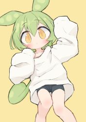 Rule 34 | 1girl, alternate costume, bike shorts, blush, closed mouth, collarbone, commentary request, feet out of frame, green hair, hair between eyes, hands up, long sleeves, looking at viewer, nanatsuta, oversized clothes, oversized shirt, shirt, shorts, sketch, sleeves past fingers, sleeves past wrists, solo, voicevox, white shirt, yellow background, yellow eyes, zundamon