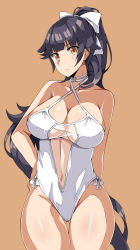 Rule 34 | 1girl, absurdres, azur lane, black hair, bow, breasts, casual one-piece swimsuit, cleavage, clothing cutout, cowboy shot, criss-cross halter, hair bow, hair flaps, halterneck, hand on own hip, highres, large breasts, long hair, looking at viewer, navel cutout, official alternate costume, olly (ollycrescent), one-piece swimsuit, ponytail, ribbon, solo, swimsuit, takao (azur lane), takao (beach rhapsody) (azur lane), thigh gap, white bow, white ribbon, white one-piece swimsuit