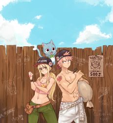 Rule 34 | 1boy, 1girl, animal, blonde hair, bludy-chu, blush, breasts, brown eyes, cat, cleavage, cloud, fairy tail, fence, happy (fairy tail), hat, looking at viewer, lucy heartfilia, makarov dreyar, midriff, natsu dragneel, navel, red hair, scar, sky, smile, tagme