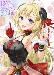 Rule 34 | 1girl, :d, ahoge, asymmetrical gloves, black dress, blonde hair, blush, braid, breasts, choker, cleavage, covered navel, cross-laced clothes, cross-laced top, detached sleeves, dress, frilled choker, frills, gloves, hair ornament, hair ribbon, hands up, highres, hololive, horns, index finger raised, large breasts, long hair, looking at viewer, middle w, mirukurim, nail polish, open mouth, overskirt, purple eyes, red choker, red gloves, red nails, red ribbon, ribbon, sheep girl, sheep horns, short sleeves, single glove, sleeveless, sleeveless dress, smile, solo, tsunomaki watame, tsunomaki watame (1st solo live), very long hair, virtual youtuber, w