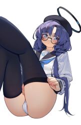 1girl adjusting_clothes adjusting_legwear alternate_costume ass beret bespectacled black_halo black_hat black_sailor_collar black_thighhighs blue_archive blue_eyes blue_hair blue_neckerchief blush braid clenched_hand closed_mouth dot_mouth embarrassed feet_out_of_frame glasses halo hat head_tilt highres legs_up long_hair long_sleeves looking_to_the_side mechanical_halo neckerchief painterliuhao panties parted_bangs partially_visible_vulva sailor_collar school_uniform shirt simple_background solo thighhighs thighs underwear very_long_hair white_background white_panties white_shirt yuuka_(blue_archive)