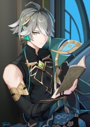 Rule 34 | 1boy, ahoge, alhaitham (genshin impact), artist name, black gloves, black shirt, book, cape, commentary request, compression shirt, elbow gloves, fingerless gloves, gem, genshin impact, gloves, gold trim, green cape, green eyes, grey hair, hair over one eye, hand up, highres, holding, holding book, indoors, looking at viewer, male focus, open book, parted bangs, parted lips, shirt, short hair, sidelocks, signature, sleeveless, sleeveless shirt, solo, swept bangs, tyenka7728, upper body, window