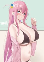 Rule 34 | 1girl, aqua eyes, artist name, bare shoulders, bikini, black bikini, blush, bocchi the rock!, breasts, cleavage, collarbone, cube hair ornament, dated, gotoh hitori, hair between eyes, hair ornament, huge breasts, ineedu041 tako, jacket, jacket partially removed, long hair, long sleeves, looking at viewer, navel, nervous smile, one side up, open clothes, open jacket, open mouth, pink hair, pink jacket, sleeves past wrists, smile, solo, stomach, sweatdrop, swimsuit, track jacket