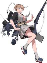 Rule 34 | 1girl, bolt action, breasts, bullet, flight deck, full body, gun, gun sling, intrepid (kancolle), kantai collection, large breasts, m1903 springfield, miniskirt, no bra, official art, rifle, rigging, shibafu (glock23), skirt, sling (weapon), solo, torn clothes, transparent background, weapon