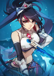 Rule 34 | 1girl, akali, alternate costume, black hair, breasts, brown eyes, cosplay, crop top, dagger, elbow gloves, fingerless gloves, fishnet pantyhose, fishnets, genshin impact, gloves, hand up, holding, holding dagger, holding knife, holding weapon, knife, league of legends, looking at viewer, medium breasts, midriff, multicolored hair, pantyhose, parted lips, ponytail, reverse grip, rosaria (genshin impact), rosaria (genshin impact) (cosplay), solo, streaked hair, v-shaped eyebrows, vmat, weapon