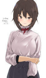 Rule 34 | 1girl, amasora taichi, arm grab, black skirt, brown hair, casual, character name, closed mouth, commentary, dated, girls und panzer, high-waist skirt, highres, kuromorimine school uniform, long sleeves, looking at viewer, neck ribbon, nishizumi maho, one-hour drawing challenge, red ribbon, ribbon, school uniform, shirt, short hair, simple background, skirt, smile, solo, standing, translated, turtleneck, twitter username, white background, white shirt